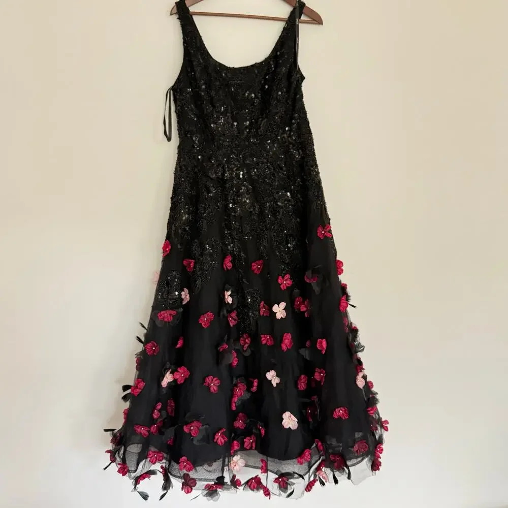 NEW Mag Duggal Sequin Floral Appliqué 3D FlowersBlack Midi Dress Size 10 - Picture 6 of 15